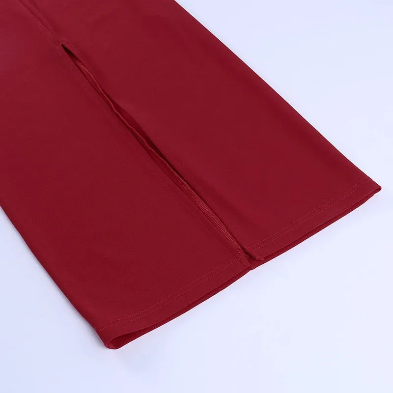 VenusFox Sweetheart Neck High Waist Split Hem Elegant Party Women Midi Dress Bishop Sleeve Autumn Bodycon Ladies Pencil Dresses