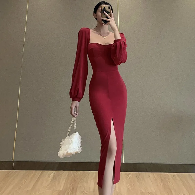 VenusFox Sweetheart Neck High Waist Split Hem Elegant Party Women Midi Dress Bishop Sleeve Autumn Bodycon Ladies Pencil Dresses