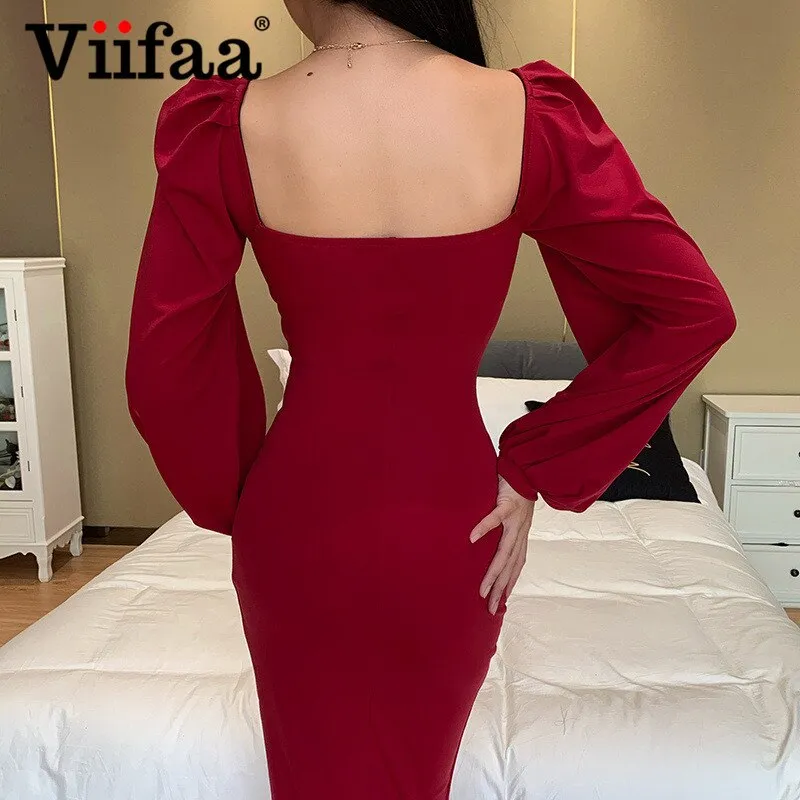 VenusFox Sweetheart Neck High Waist Split Hem Elegant Party Women Midi Dress Bishop Sleeve Autumn Bodycon Ladies Pencil Dresses