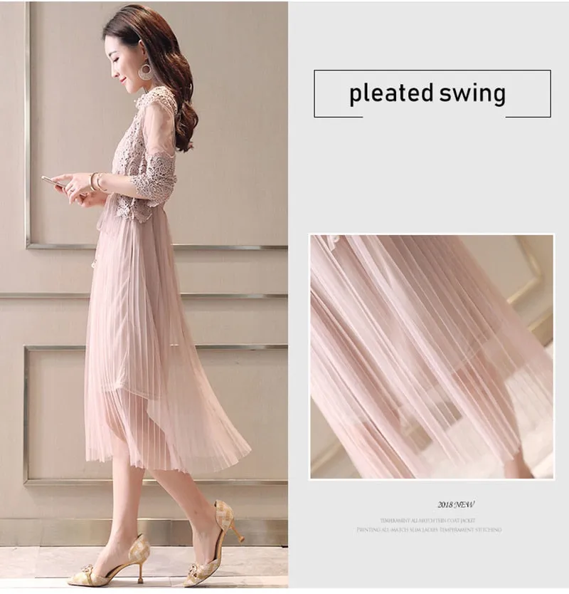 VenusFox Women High Waist Slim Sweet Gauze Lace Floral Long Sleeve Pleated Dress Two Piece