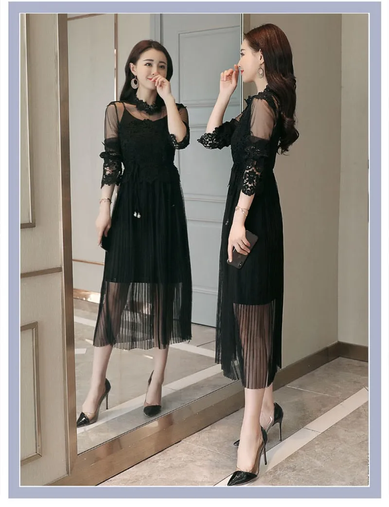 VenusFox Women High Waist Slim Sweet Gauze Lace Floral Long Sleeve Pleated Dress Two Piece