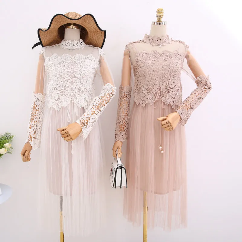 VenusFox Women High Waist Slim Sweet Gauze Lace Floral Long Sleeve Pleated Dress Two Piece