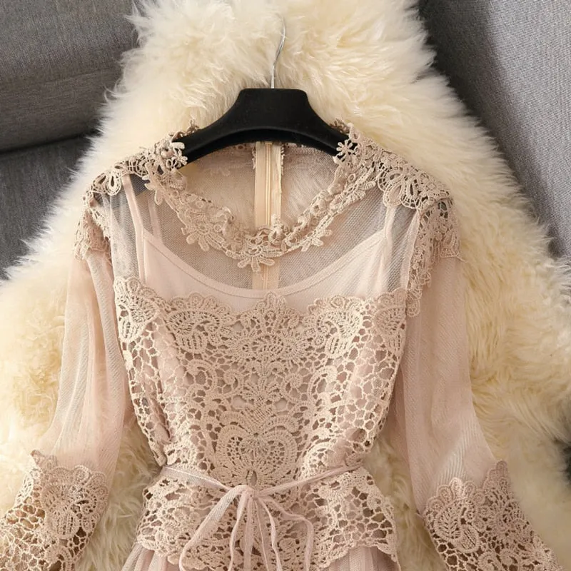 VenusFox Women High Waist Slim Sweet Gauze Lace Floral Long Sleeve Pleated Dress Two Piece