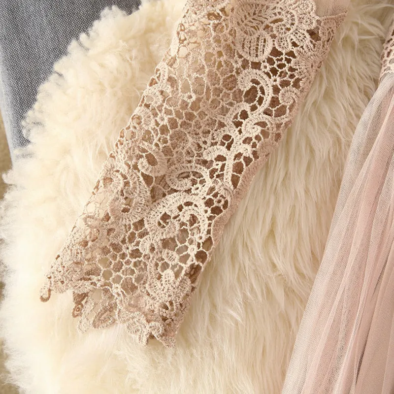 VenusFox Women High Waist Slim Sweet Gauze Lace Floral Long Sleeve Pleated Dress Two Piece