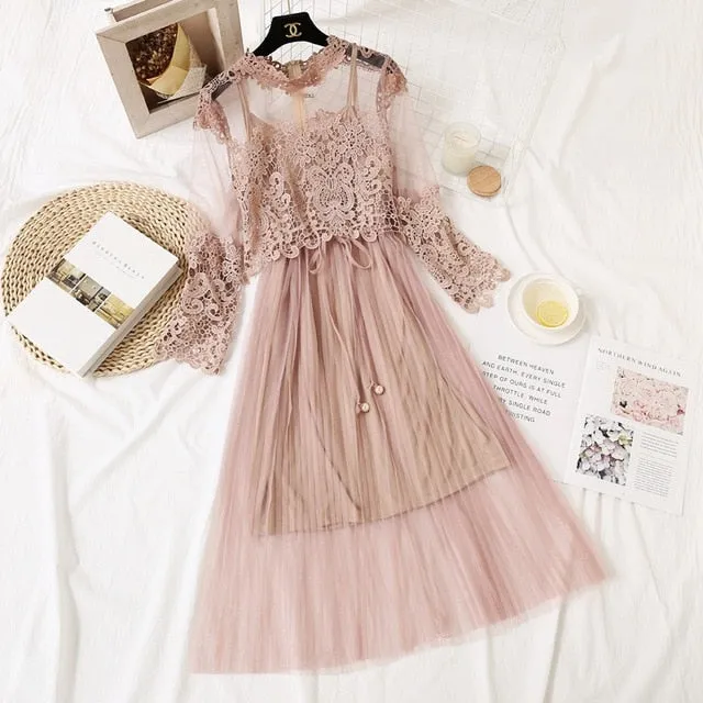 VenusFox Women High Waist Slim Sweet Gauze Lace Floral Long Sleeve Pleated Dress Two Piece