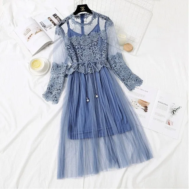 VenusFox Women High Waist Slim Sweet Gauze Lace Floral Long Sleeve Pleated Dress Two Piece