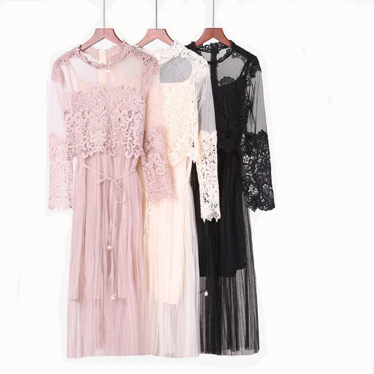 VenusFox Women High Waist Slim Sweet Gauze Lace Floral Long Sleeve Pleated Dress Two Piece