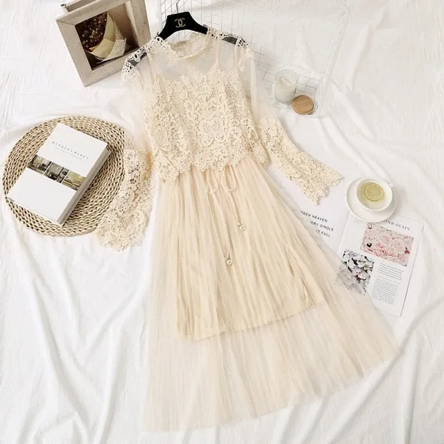 VenusFox Women High Waist Slim Sweet Gauze Lace Floral Long Sleeve Pleated Dress Two Piece