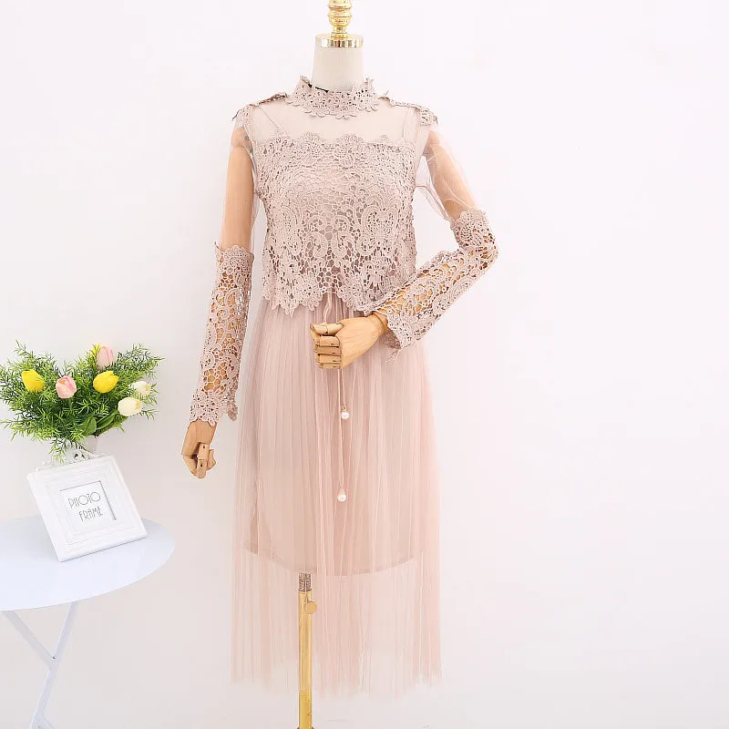 VenusFox Women High Waist Slim Sweet Gauze Lace Floral Long Sleeve Pleated Dress Two Piece