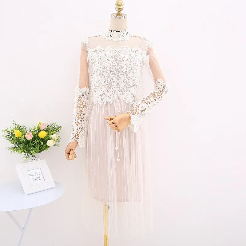 VenusFox Women High Waist Slim Sweet Gauze Lace Floral Long Sleeve Pleated Dress Two Piece