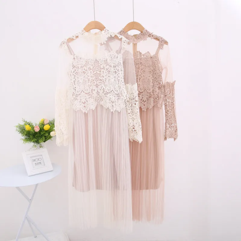 VenusFox Women High Waist Slim Sweet Gauze Lace Floral Long Sleeve Pleated Dress Two Piece
