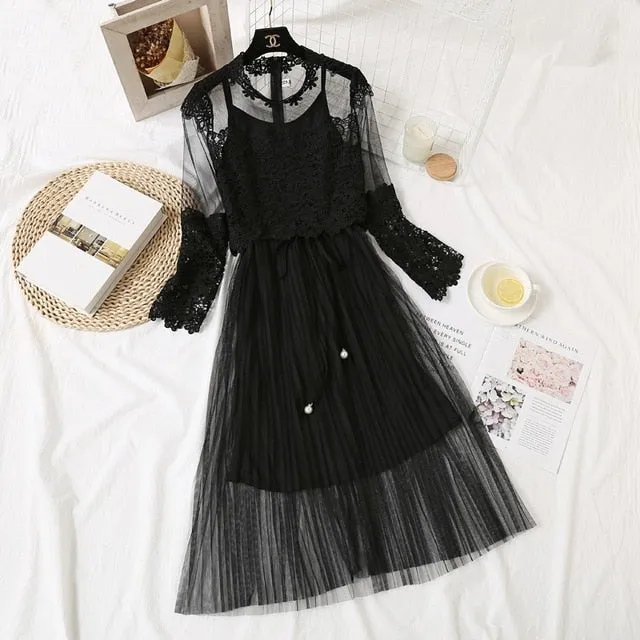 VenusFox Women High Waist Slim Sweet Gauze Lace Floral Long Sleeve Pleated Dress Two Piece
