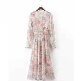 VenusFox Womens O-Neck Long Sleeve Floral Elastic Waist Casual Midi Dress