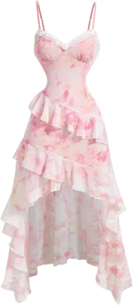 WDIRARA Women's Floral Layered Ruffle Cami Dress Spaghetti Strap Asymmetrical Long Dresses