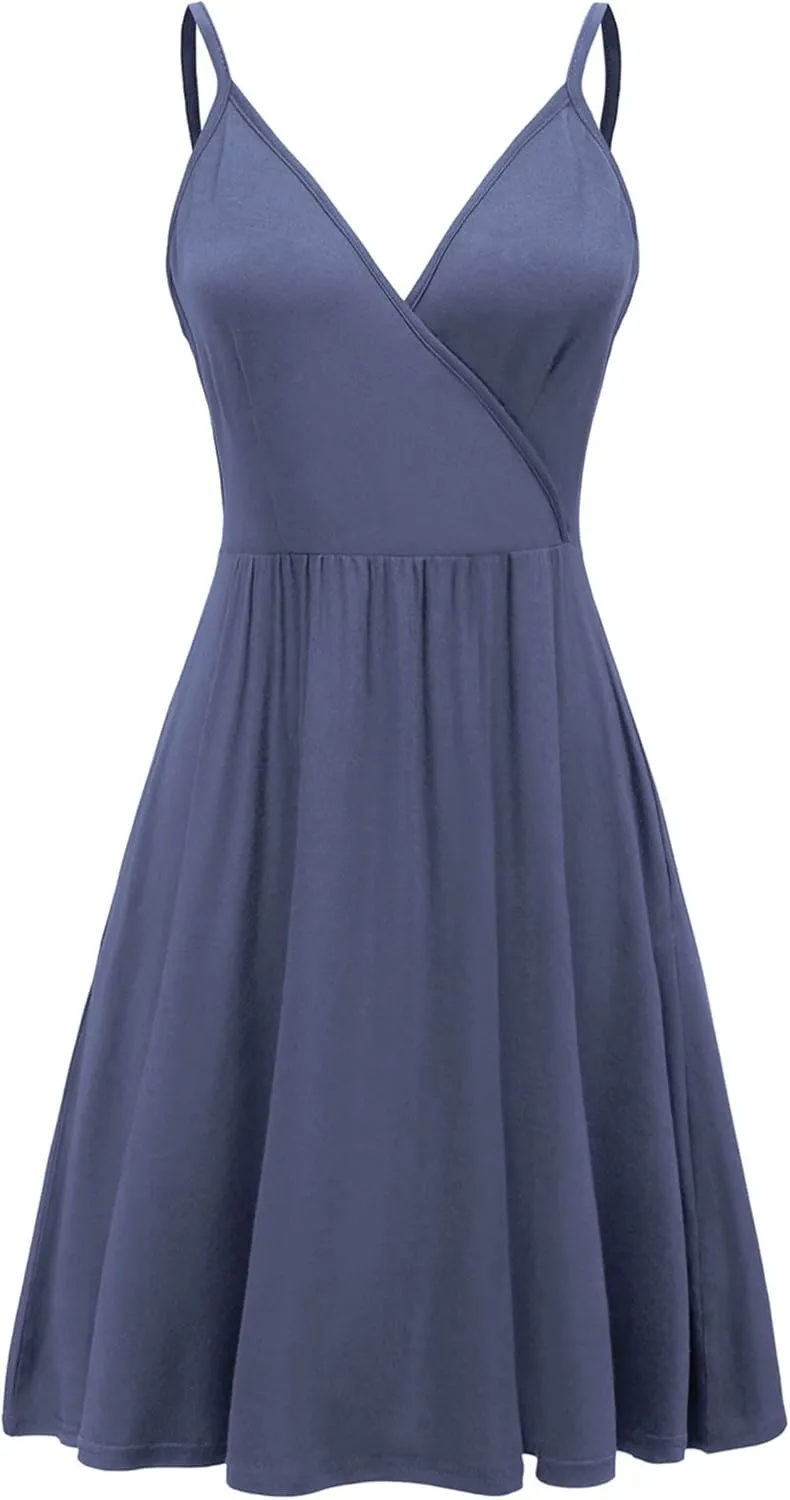 WEACZZY Women's 2025 Summer Dresses V Neck Spaghetti Strap Sundress Casual Beach Flowy Mini Dress with Pockets