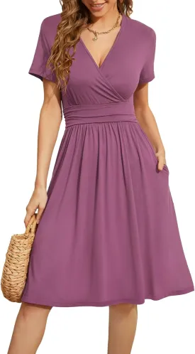 WEACZZY Women's Summer Short Sleeve Casual Dresses V-Neck Floral Party Dress with Pockets