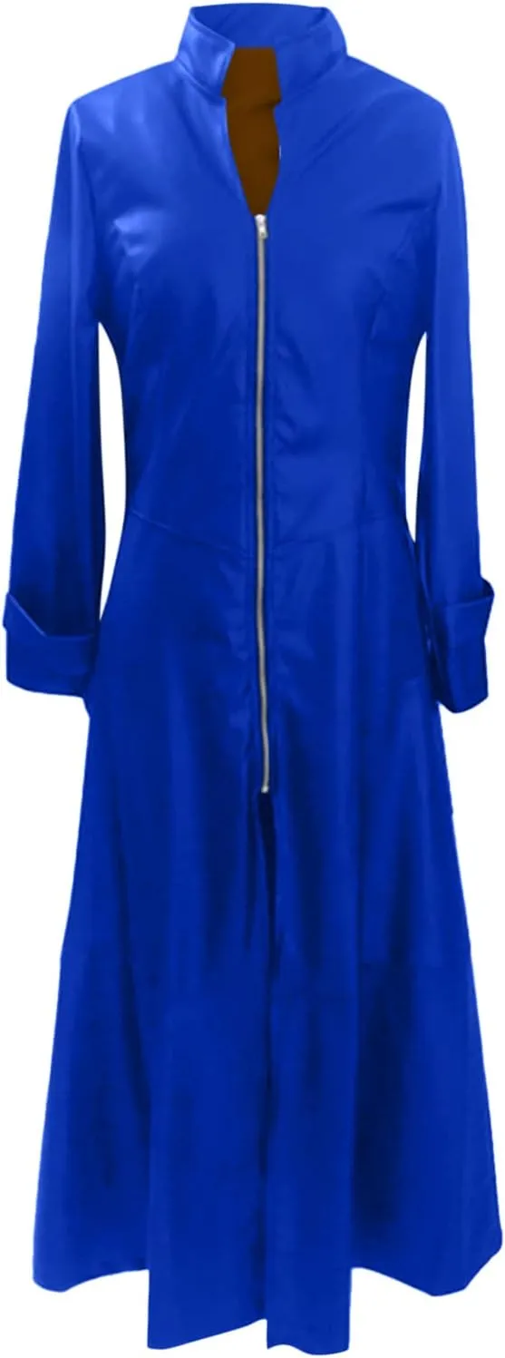 Women Faux Leather Motor Jackets Long Stand Collar Zipper Punk Pleather Dress Coats Windproof Slim Waist Trench Coats
