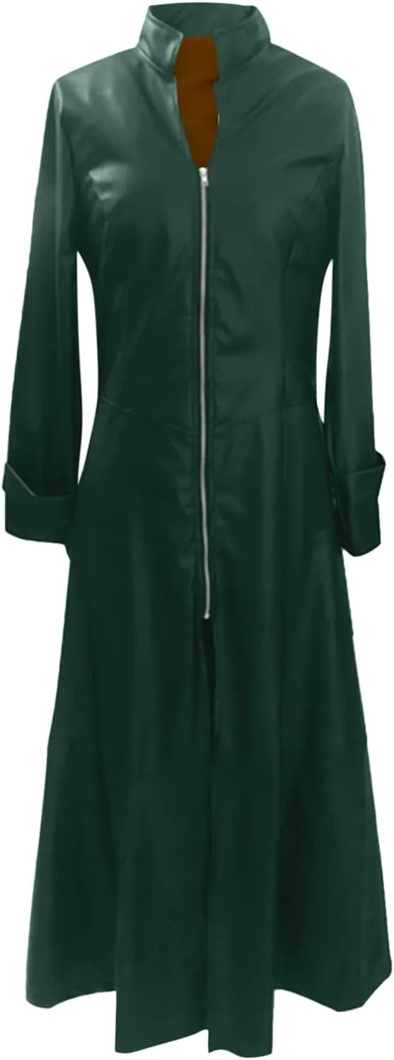 Women Faux Leather Motor Jackets Long Stand Collar Zipper Punk Pleather Dress Coats Windproof Slim Waist Trench Coats