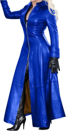 Women Faux Leather Motor Jackets Long Stand Collar Zipper Punk Pleather Dress Coats Windproof Slim Waist Trench Coats