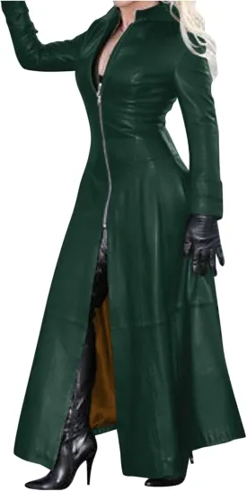 Women Faux Leather Motor Jackets Long Stand Collar Zipper Punk Pleather Dress Coats Windproof Slim Waist Trench Coats
