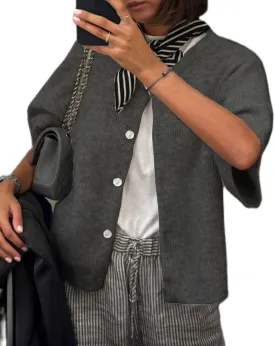 Women Y2k Knit Cardigan Shirts Open Front Button Down Crop Cardigans Sweater Short Sleeve Loose Tee Tops