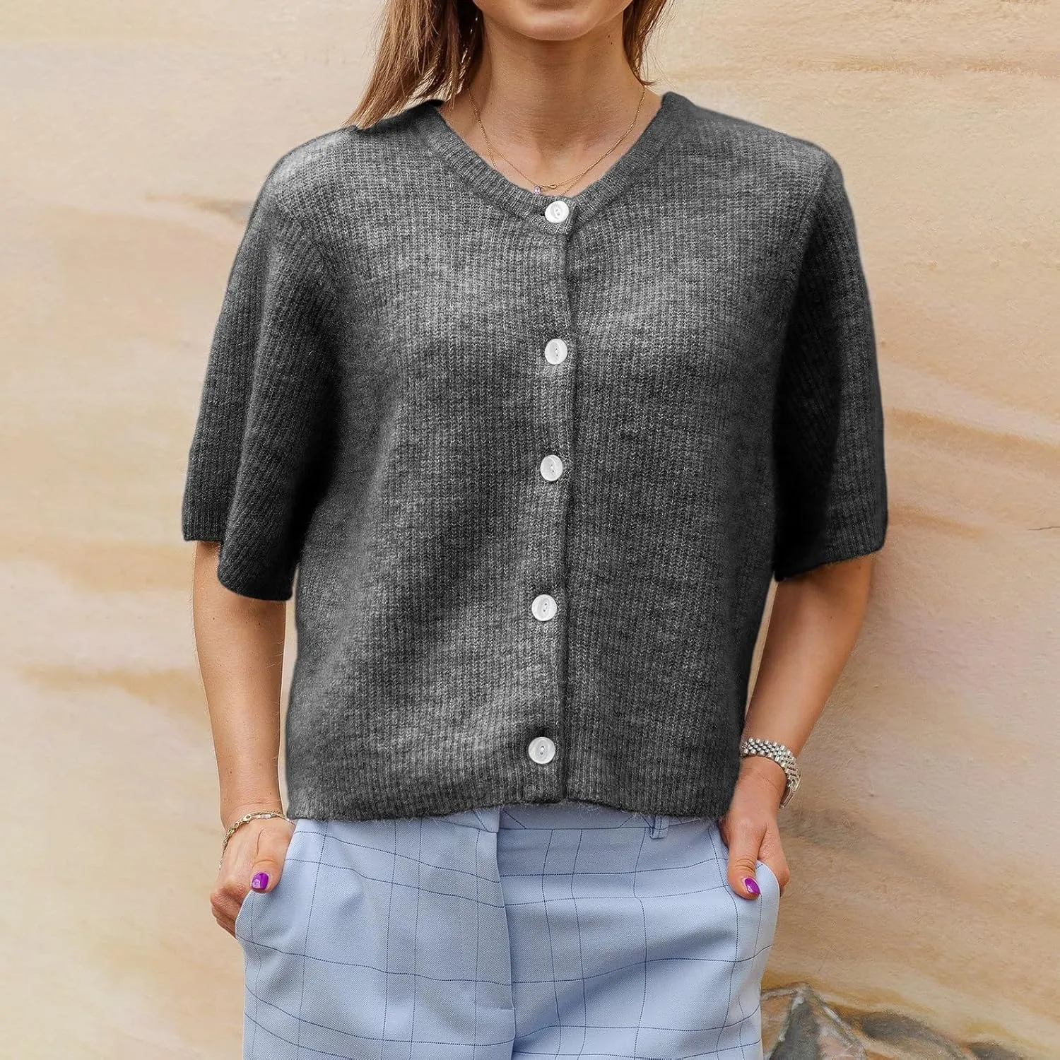 Women Y2k Knit Cardigan Shirts Open Front Button Down Crop Cardigans Sweater Short Sleeve Loose Tee Tops