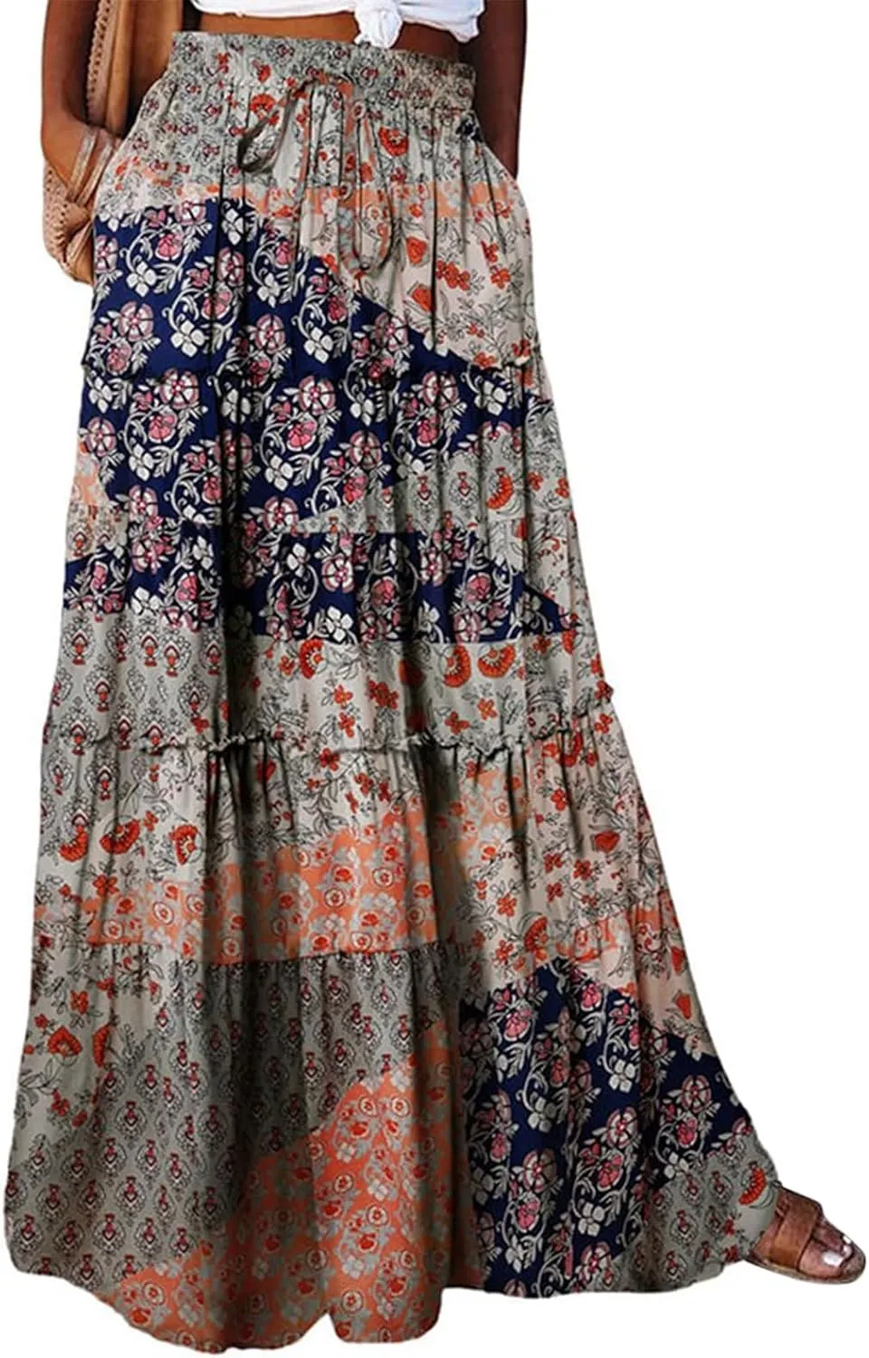 Womens Casual High Waist Tie Paisley Print Long Maxi Skirt with Pockets