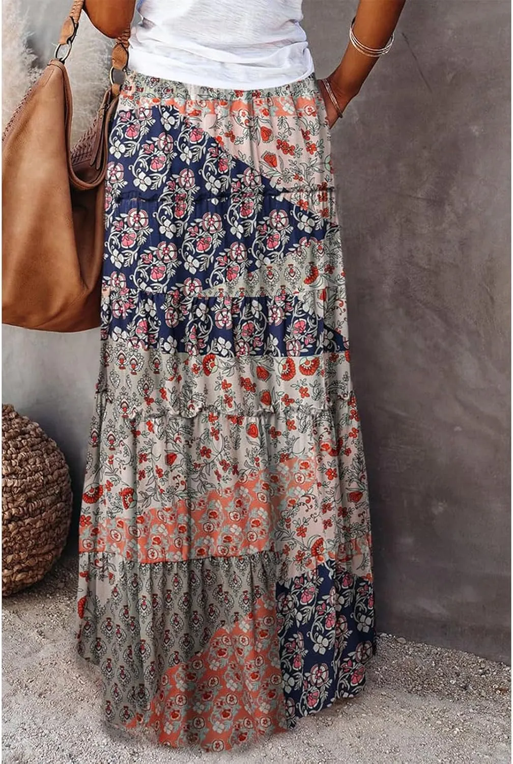 Womens Casual High Waist Tie Paisley Print Long Maxi Skirt with Pockets