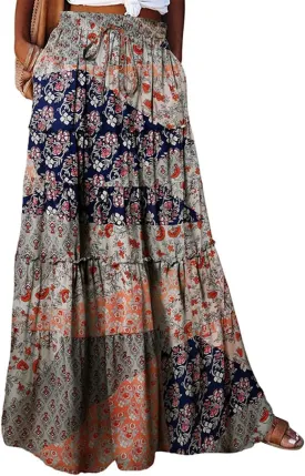 Womens Casual High Waist Tie Paisley Print Long Maxi Skirt with Pockets