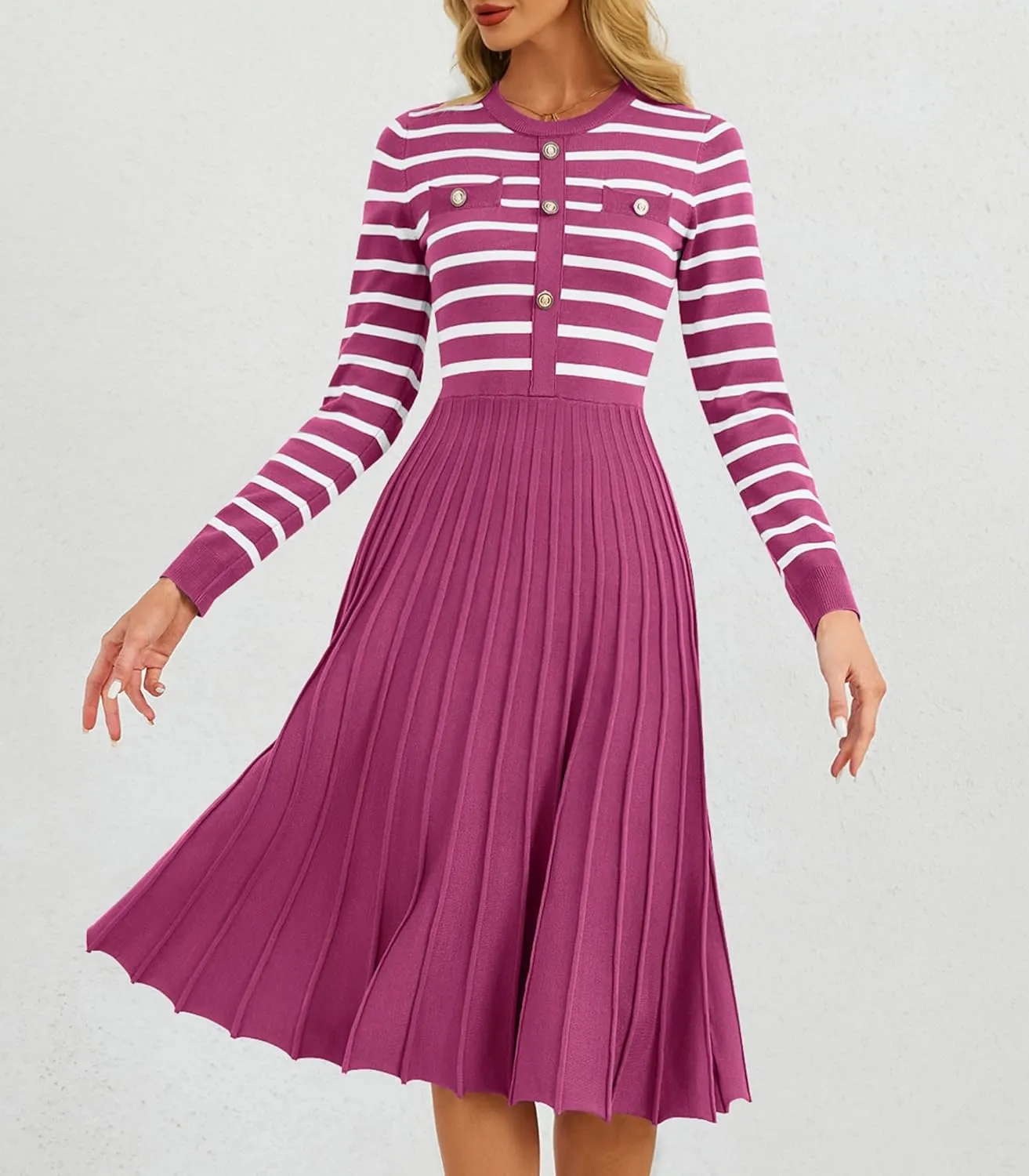 Women's Casual Long Sleeve Striped Midi Dress Crewneck Button Swing Pleated Knit A Line Dresses