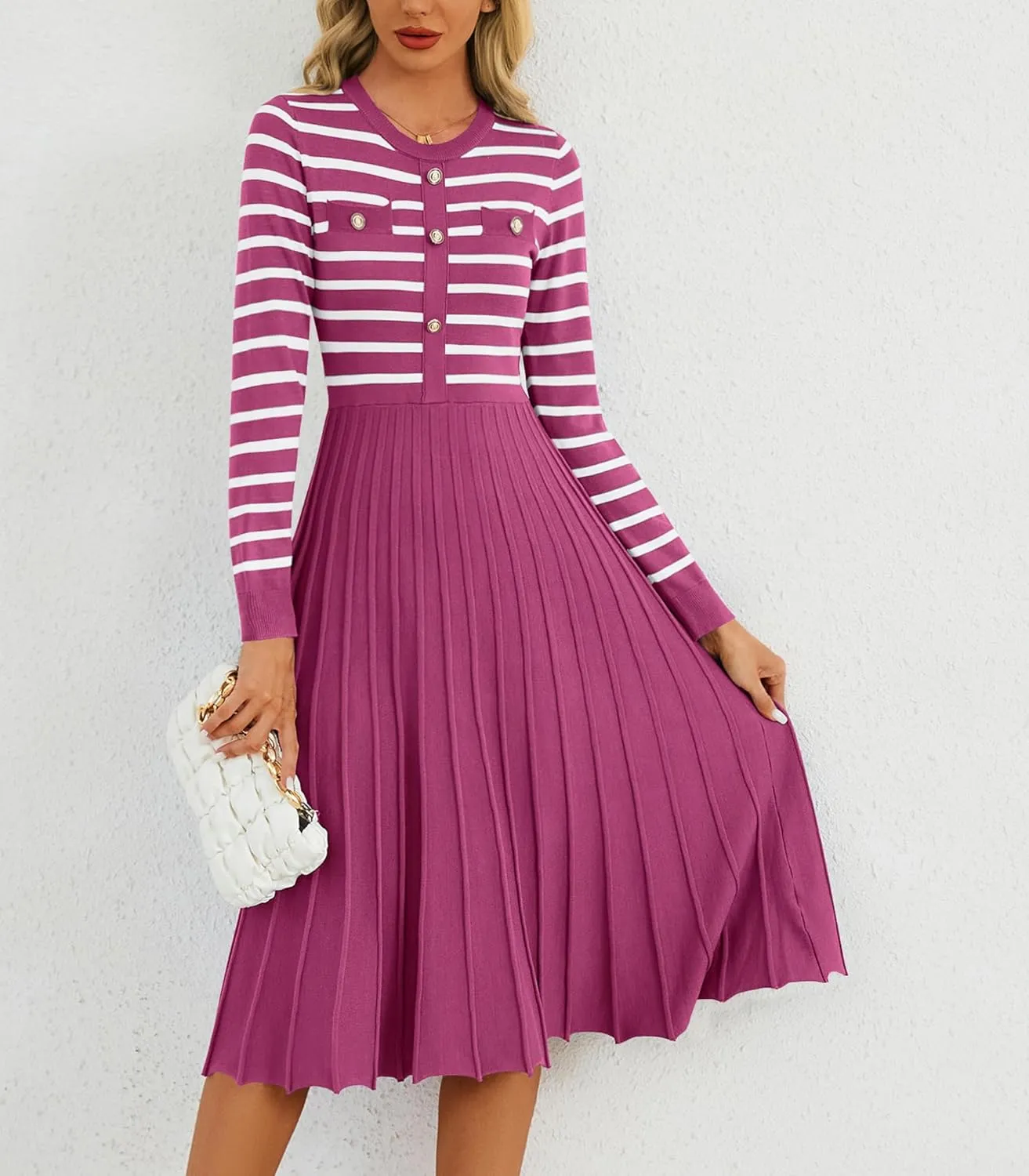 Women's Casual Long Sleeve Striped Midi Dress Crewneck Button Swing Pleated Knit A Line Dresses