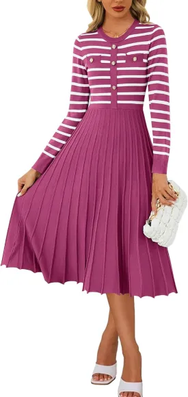 Women's Casual Long Sleeve Striped Midi Dress Crewneck Button Swing Pleated Knit A Line Dresses
