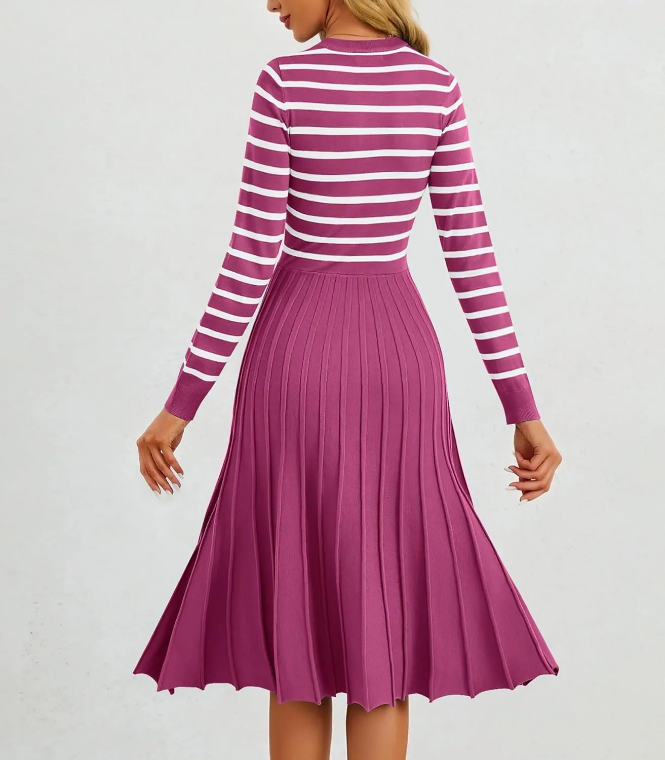 Women's Casual Long Sleeve Striped Midi Dress Crewneck Button Swing Pleated Knit A Line Dresses