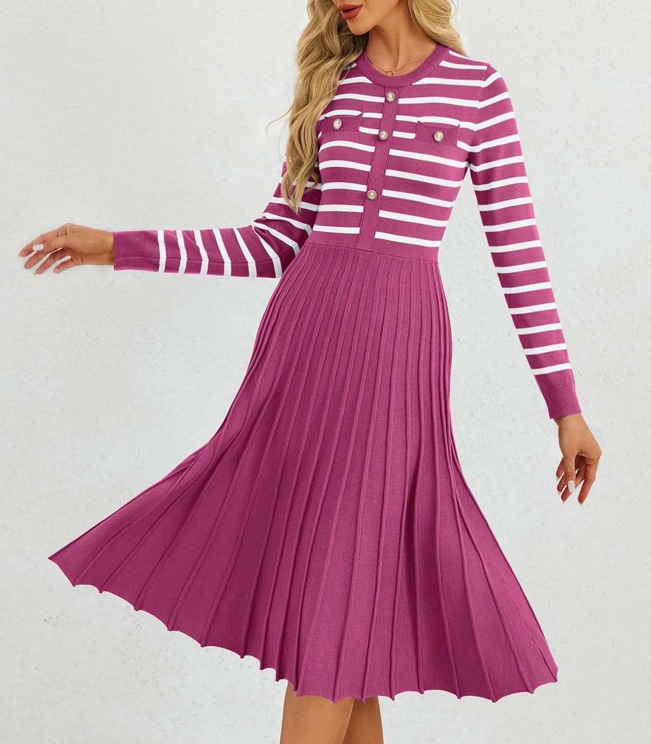 Women's Casual Long Sleeve Striped Midi Dress Crewneck Button Swing Pleated Knit A Line Dresses