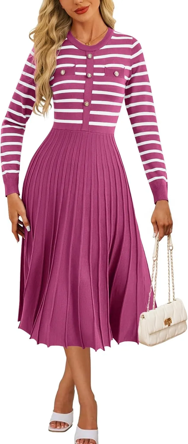 Women's Casual Long Sleeve Striped Midi Dress Crewneck Button Swing Pleated Knit A Line Dresses