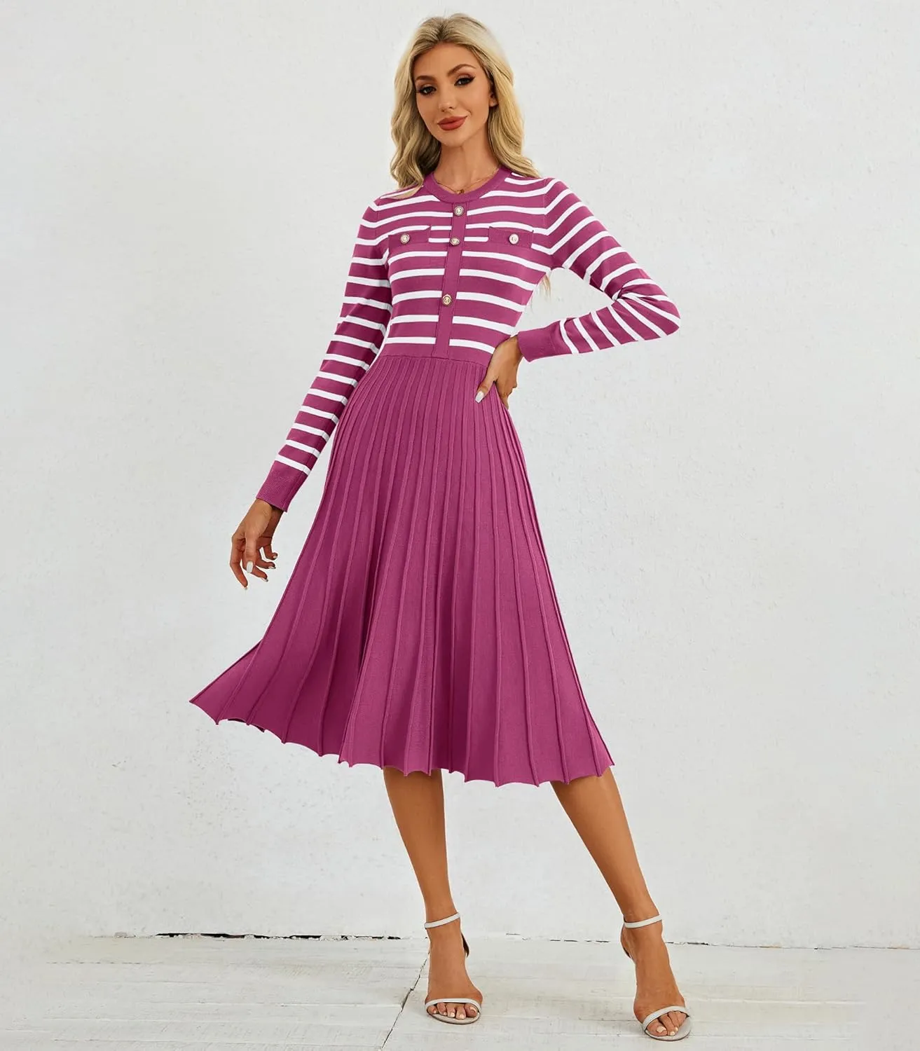 Women's Casual Long Sleeve Striped Midi Dress Crewneck Button Swing Pleated Knit A Line Dresses