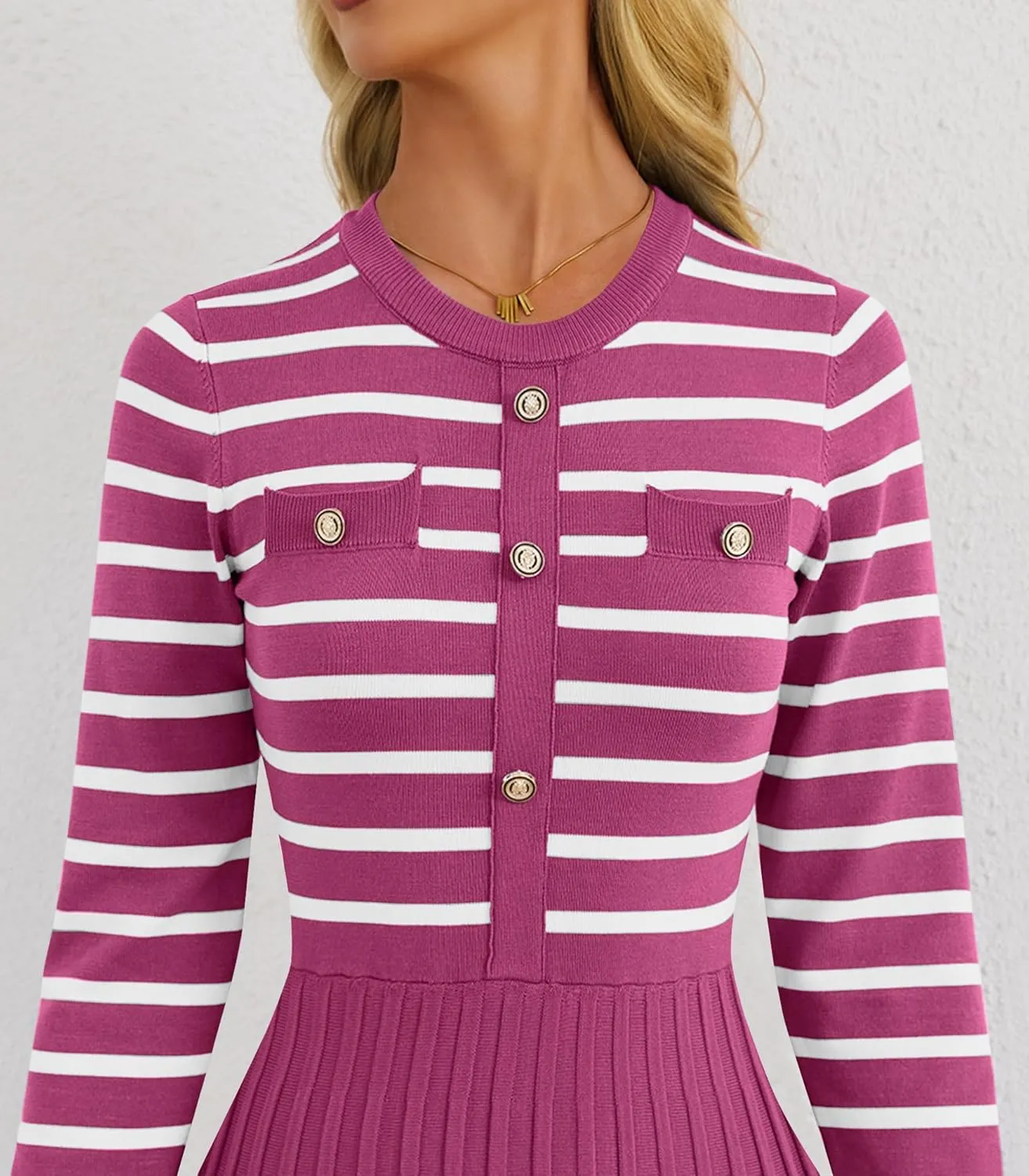 Women's Casual Long Sleeve Striped Midi Dress Crewneck Button Swing Pleated Knit A Line Dresses