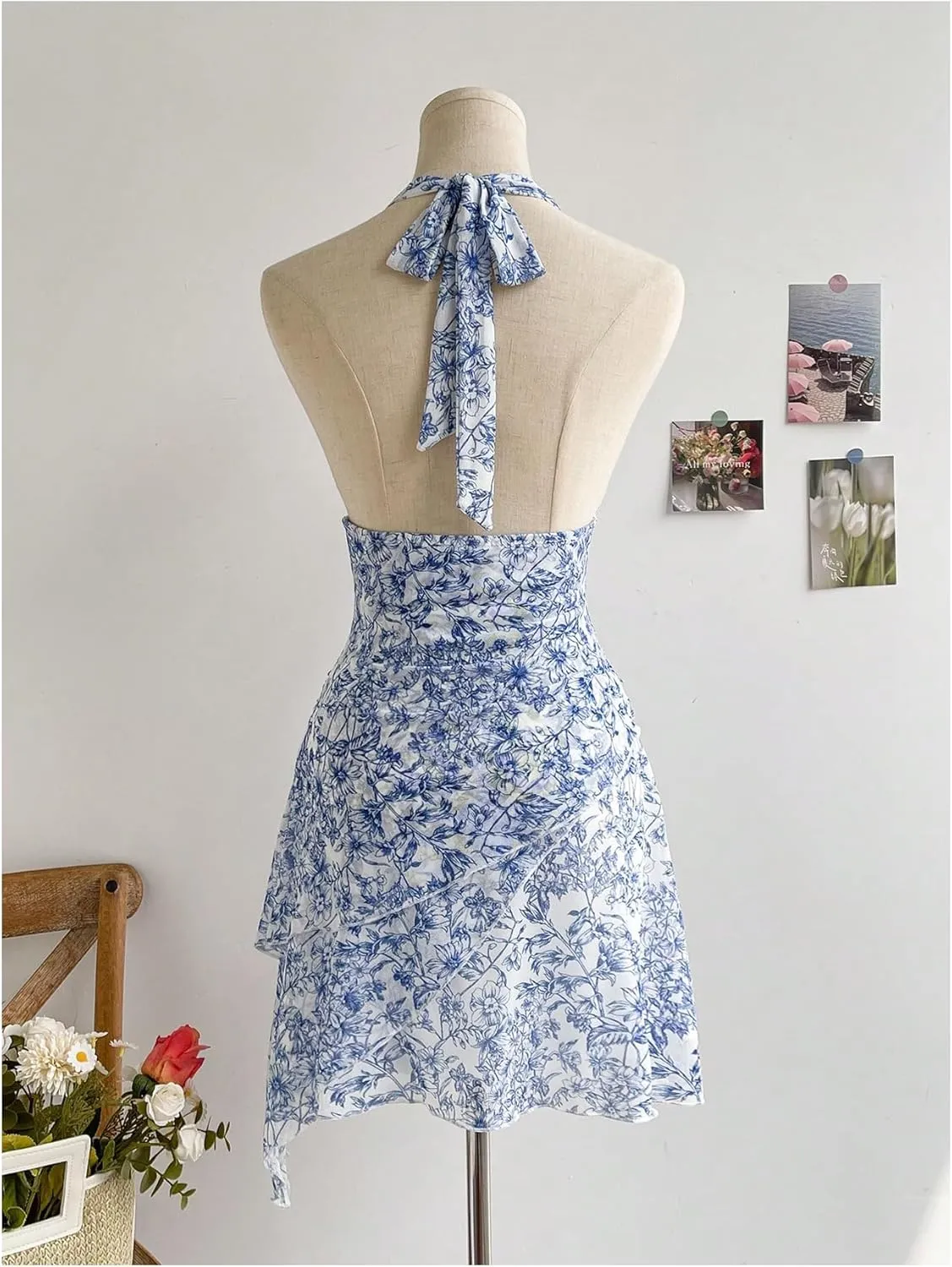 Women's Floral Print Sleeveless Halter Deep V Tie Mini Dress Ruched Backless Slim Fit Cami Dresses Knot Boho Dress