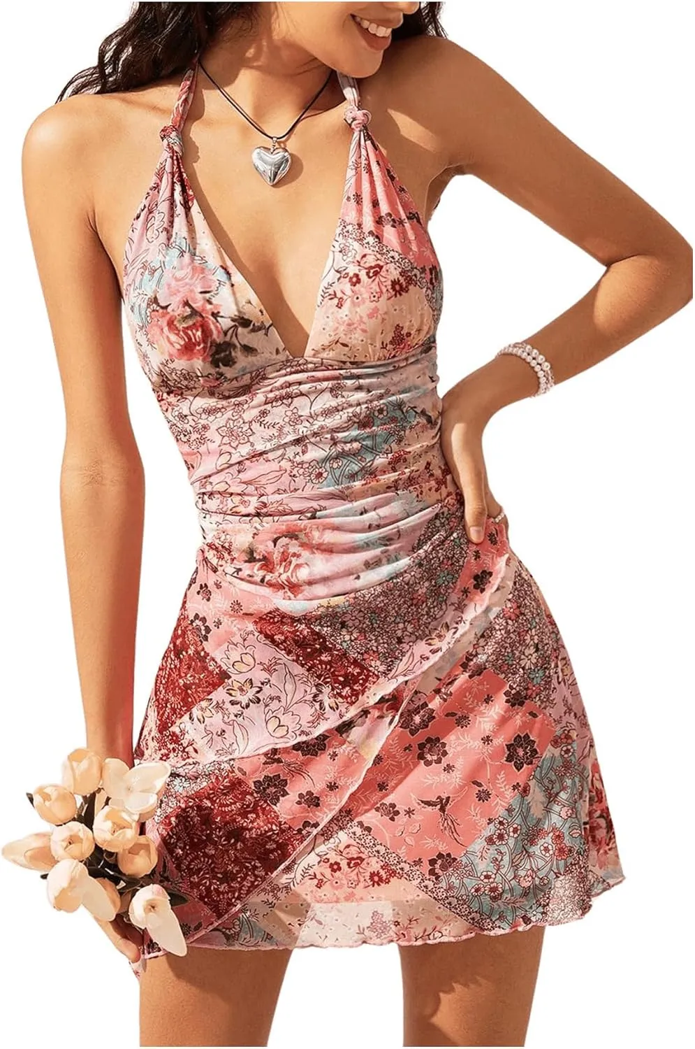 Women's Floral Print Sleeveless Halter Deep V Tie Mini Dress Ruched Backless Slim Fit Cami Dresses Knot Boho Dress