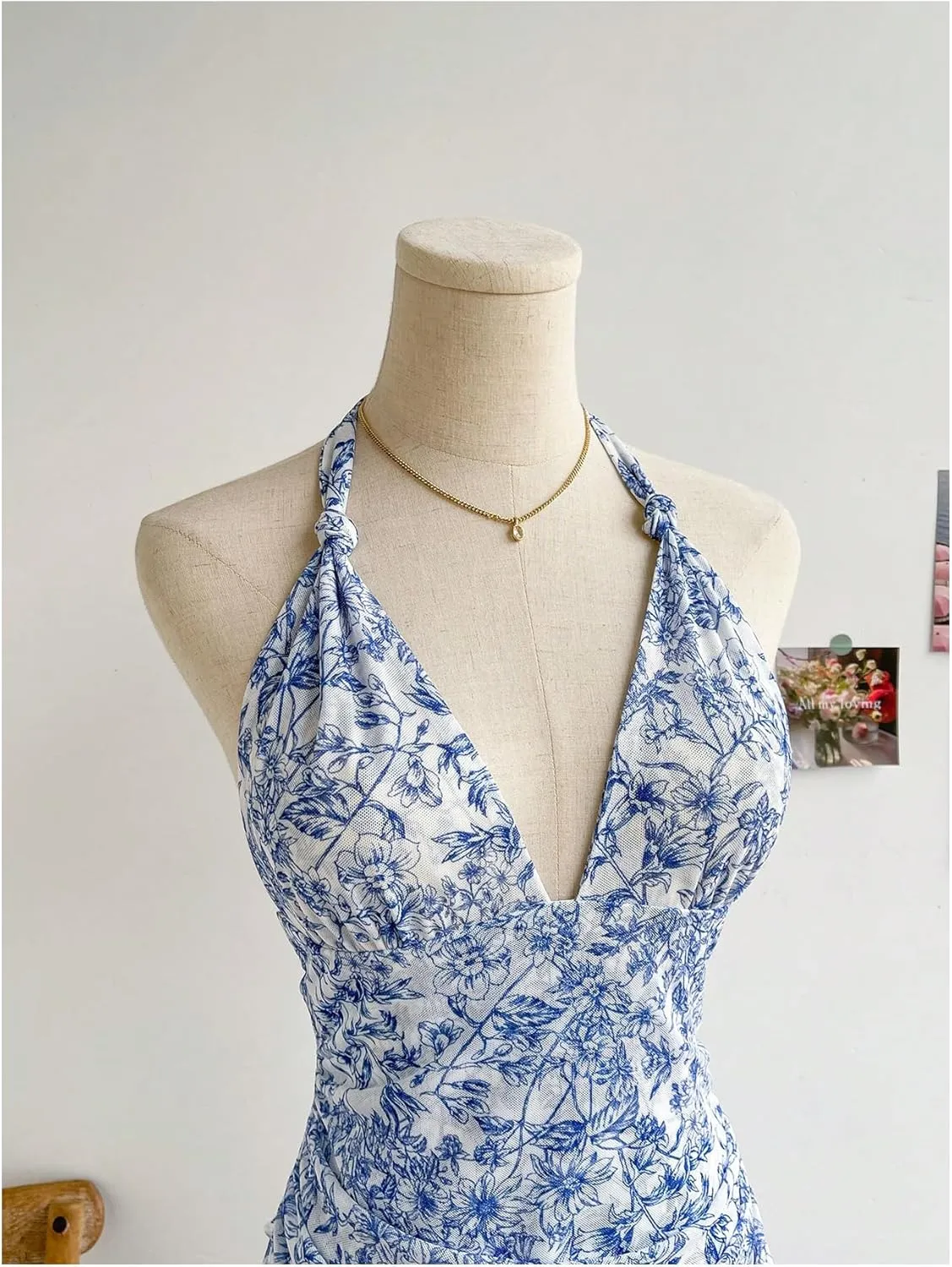 Women's Floral Print Sleeveless Halter Deep V Tie Mini Dress Ruched Backless Slim Fit Cami Dresses Knot Boho Dress