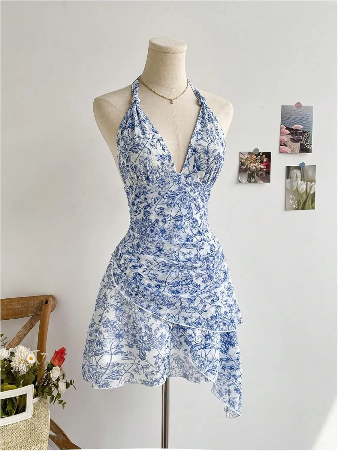 Women's Floral Print Sleeveless Halter Deep V Tie Mini Dress Ruched Backless Slim Fit Cami Dresses Knot Boho Dress