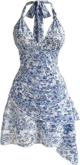 Women's Floral Print Sleeveless Halter Deep V Tie Mini Dress Ruched Backless Slim Fit Cami Dresses Knot Boho Dress