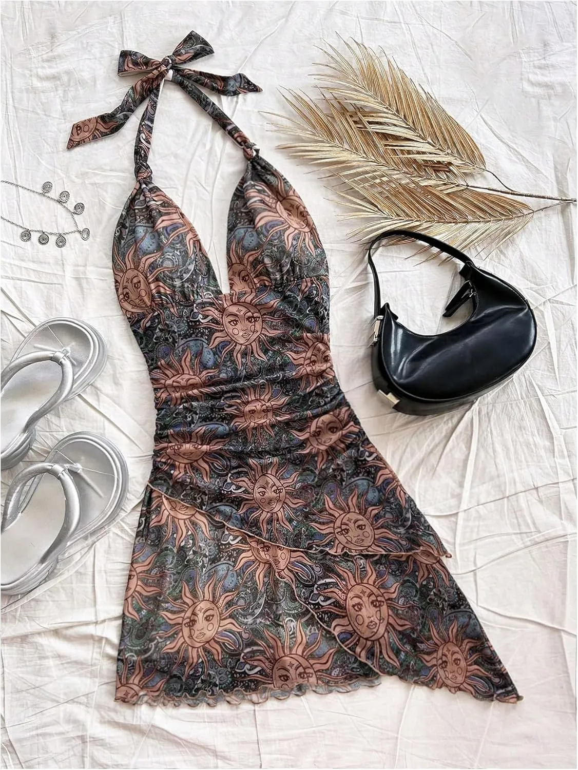 Women's Floral Print Sleeveless Halter Deep V Tie Mini Dress Ruched Backless Slim Fit Cami Dresses Knot Boho Dress