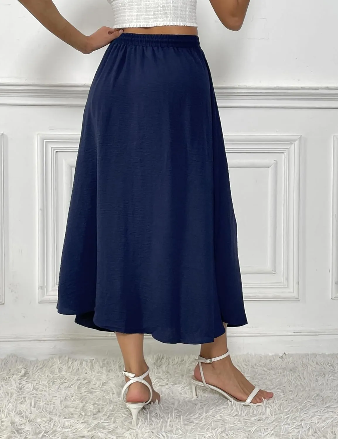 Womens Flowy Skirts Elastic High Waist A-Line Skirt Bohemia Casual Beach Long Skirts Summer Trendy Vacation Dress