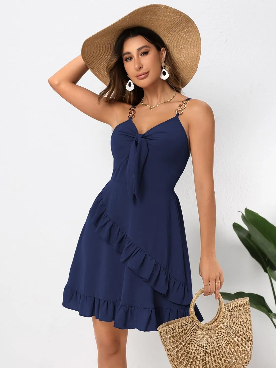 Womens Short Summer Dresses Sleeveless Deep V Neck Boho A Line Mini Dress Tie Front Ruffle Hem Trendy Dresses