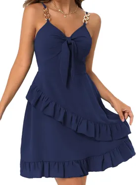 Womens Short Summer Dresses Sleeveless Deep V Neck Boho A Line Mini Dress Tie Front Ruffle Hem Trendy Dresses