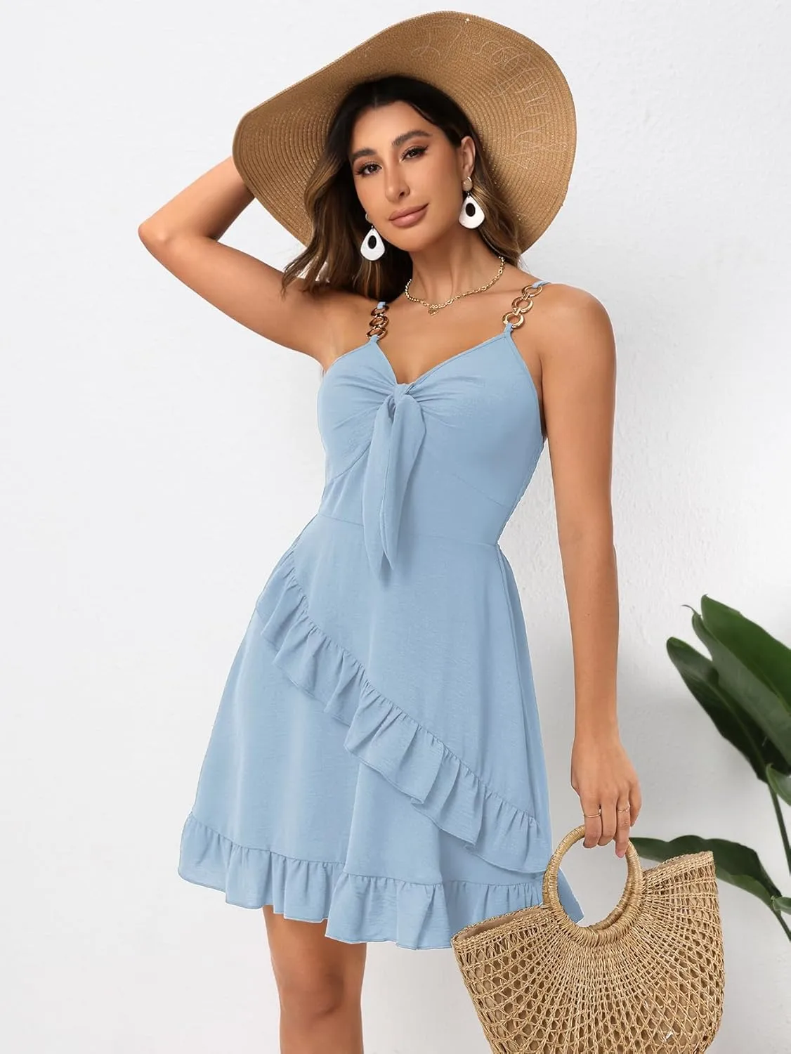 Womens Short Summer Dresses Sleeveless Deep V Neck Boho A Line Mini Dress Tie Front Ruffle Hem Trendy Dresses
