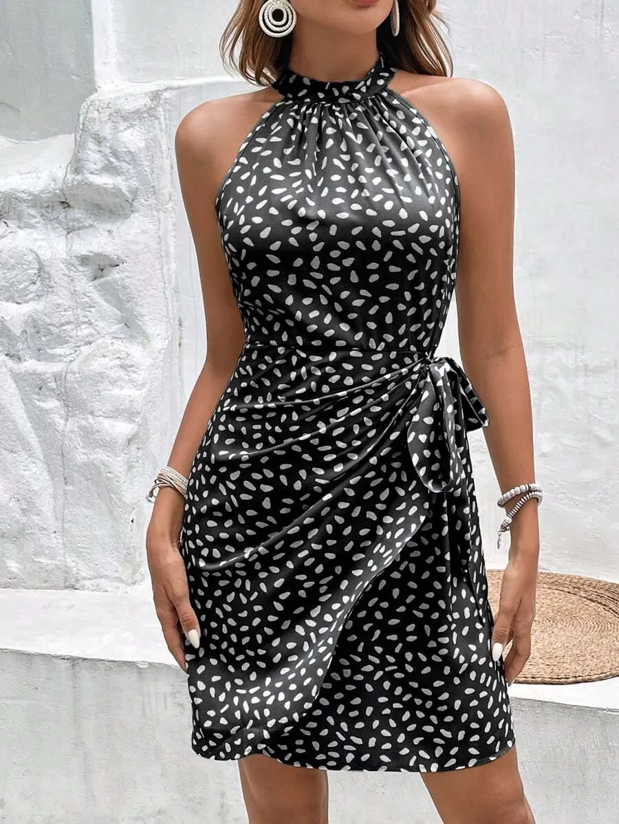 Women's Summer Dress Dot Print Halter Neck Tie Waist Casual Zipper Back Sundress Vacation Beach