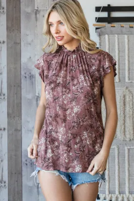 Woven Rayon Floral Smocked Neck Flutter Sleeve Top With Back Button Closure in Wine