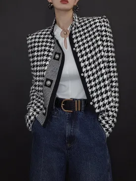 xakxx Stylish Long Sleeves Loose Houndstooth Stand Collar Jackets